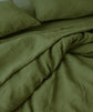 Green bedding set with two pillows on a bed